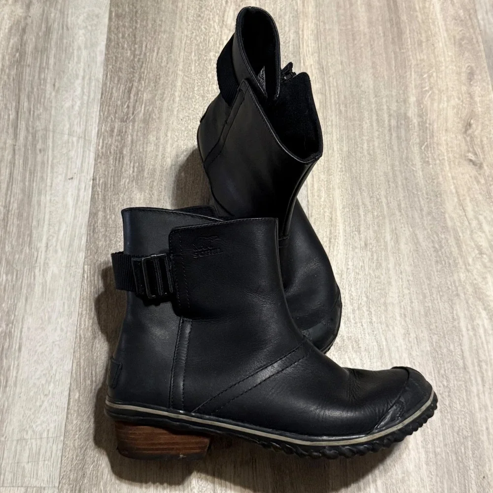 Sorel Slimpack Riding Ankle Boots Black Leather Waterproof NL2156-010‎ Womens 8